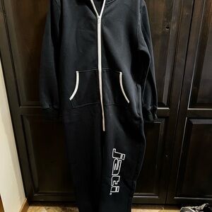 Black One-Piece Zip Hoodie Jumpsuit with White Trim